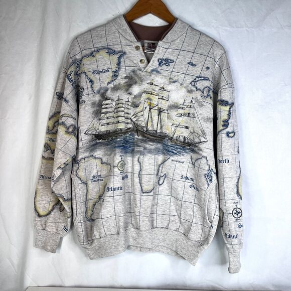 Art Unlimited SportsWear VTG Travel Nautical Map Sweater Cotton Blend Size MD - Picture 1 of 9